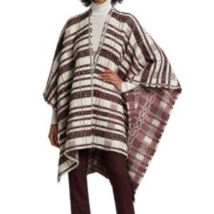 St. John Plaid Plain Weave Knit Cape Burgundy and White Women